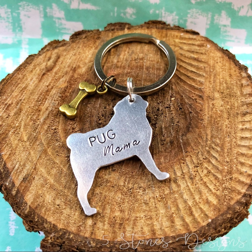 🆕 Pug Mama Handstamped Dog Mom Keychain